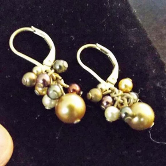 VINTAGE BRONZE, CHAMPAGNE & CREAM REAL PEARLS DANGLY EARRINGS 66 - Picture 2 of 2